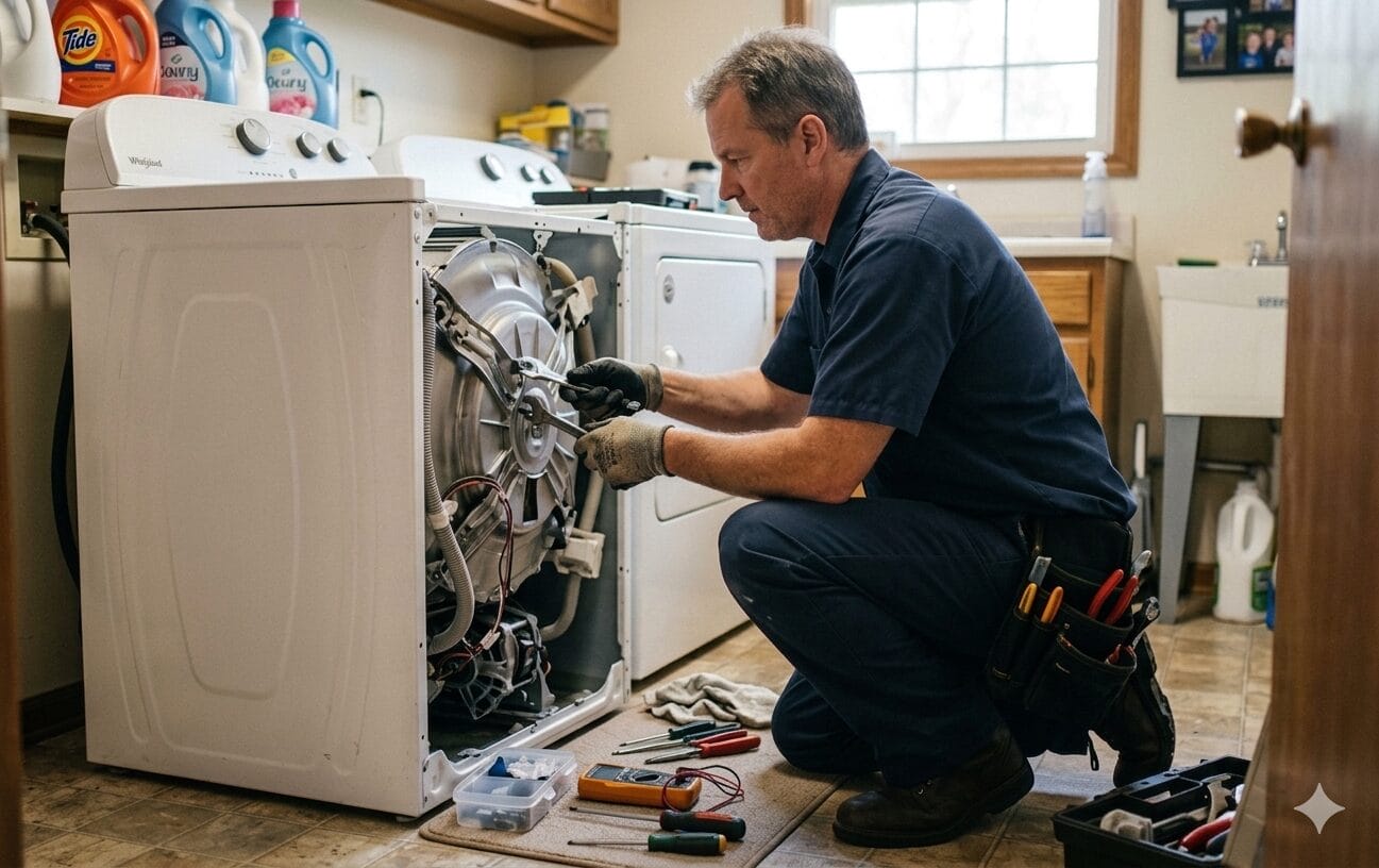 A repairman kneels, fixing a washing machine in a laundry room with tools spread on the floor, showcasing expert washer repair skills.