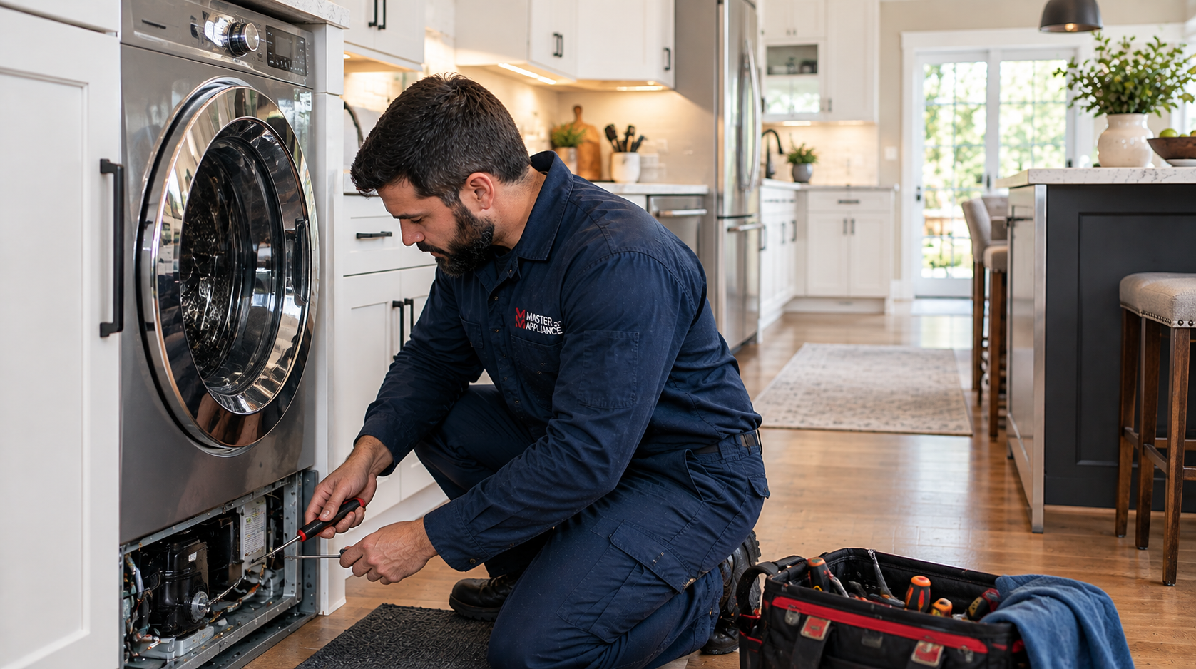Licensed appliance technician from Master of Appliances repairing kitchen appliance in Malden MA